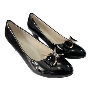 NEW Ming‎ Ke Black Shoes 10.5 Slip On Pumps Gold Bow Rhinestone Career Party